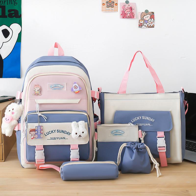 Middle School Boys and Girls School Bags Fashion Canvas Color Blocked Primary Student Backpack 5 Pcs Set Satchel with Tutoring Bag