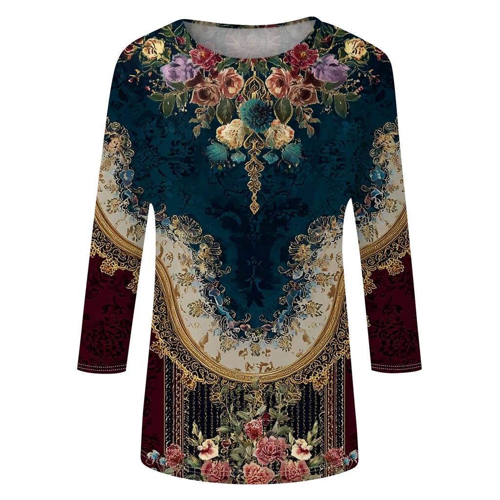 Trendy Vintage 3/4 Sleeve Top For Women,Ladies Casual Three Quarter Sleeve Round Collar Printed T-Shirt Blouse