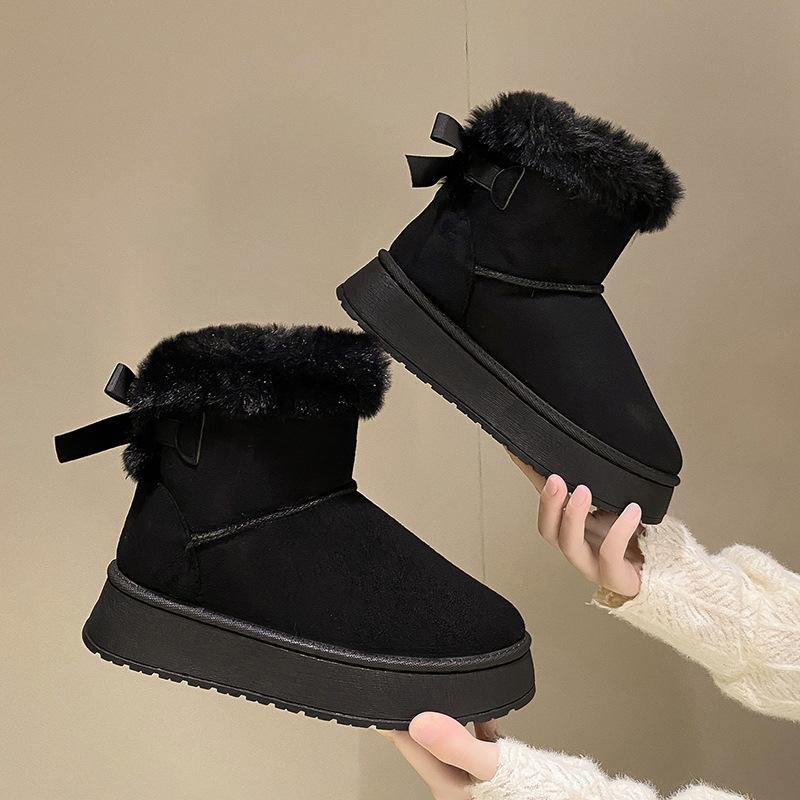 Fleece Thickened Snow Boots Winter New Thick-soled Fluffy Mouth Bow Warm Large-size Cotton Shoes