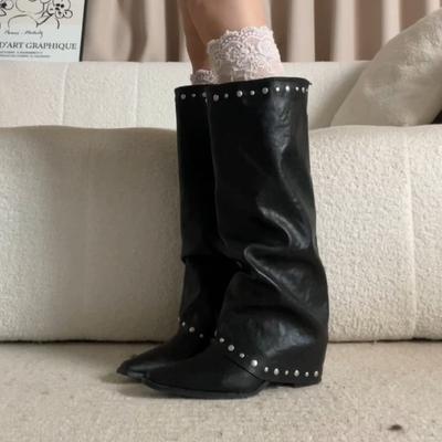 Cowhide Version~ Lazy Leather Riveted Trouser Boots Women's Retro Pointed Maillard Brown But Knee Knight Boots