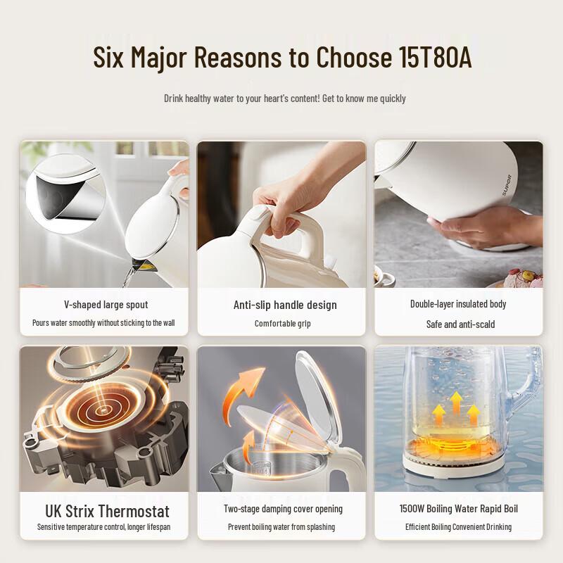 SUPOR 1.5L 304 Stainless Steel Double-Layer Electric Kettle