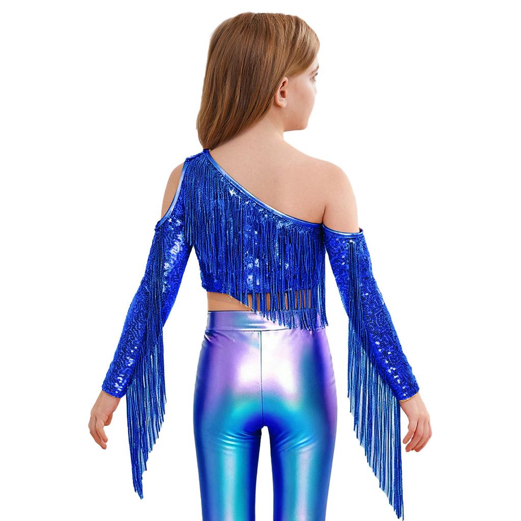 Mädchen Performance Top Ein Schulter Langarm Pailletten Quasten Detail Schönheitswettbewerb Bühne Wettbewerb Crop Top