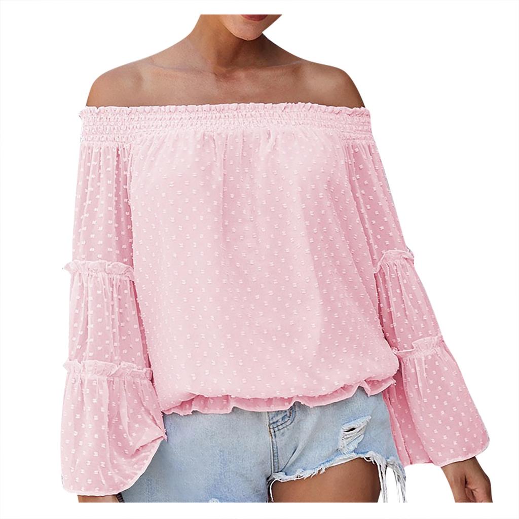 Fashion Flared Long-sleeved Chiffon Off-the-shoulder Neckline Hollow Loose Top