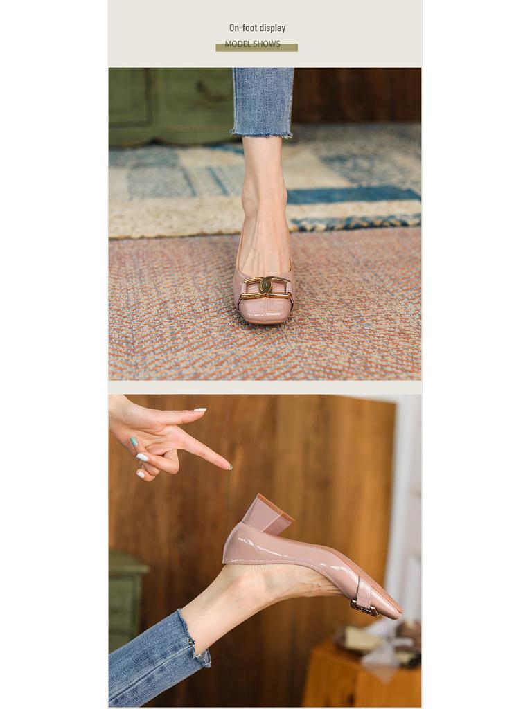 French Retro Sheepskin Patent Leather Square Head High Heels - Women's Two-Way Thick Heels for Autumn