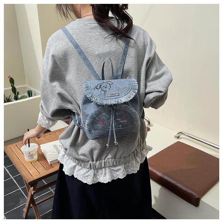 College Style Denim Embroidered Backpack Bag Women's New Travel Small Backpack Student Schoolbag