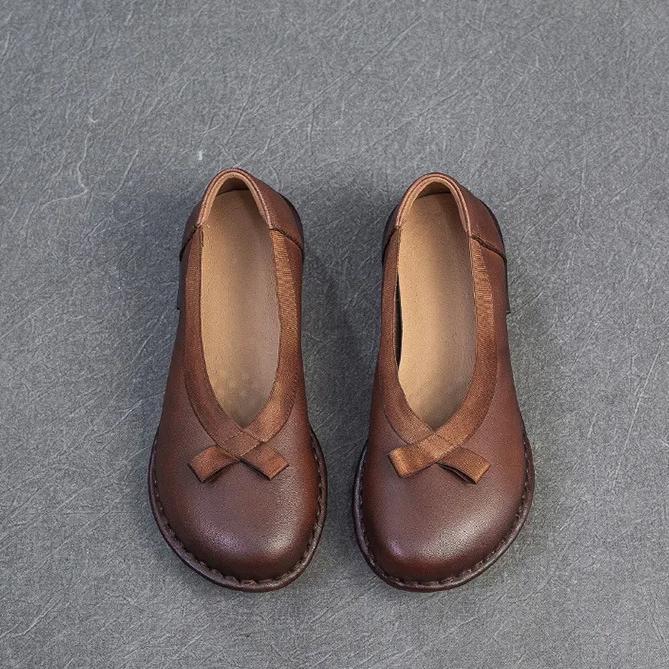 Johnature Echtes Leder Bequeme Schuhe mit niedrigem Absatz Retro Vielseitige Pumps Runde Spitze Damenschuhe