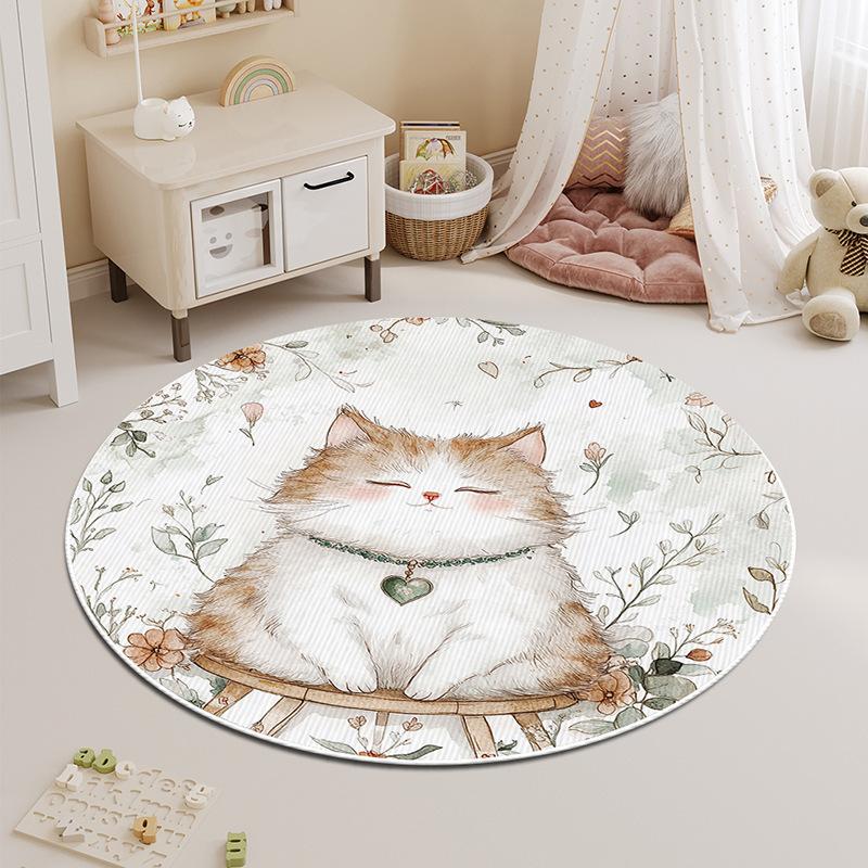 Round Carpet Bedroom Stain-resistant Cartoon Cat Bedside Children's Rug Floor Mat Living Room Washable Thickened Coffee Table Mat
