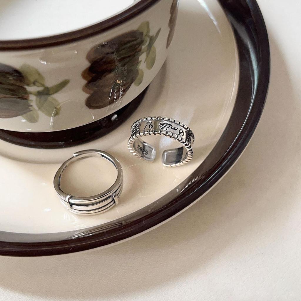 Yinruitai Retro S925 Sterling Silver Adjustable Distressed Letter Ring for Women - Niche Design Index Finger Jewelry