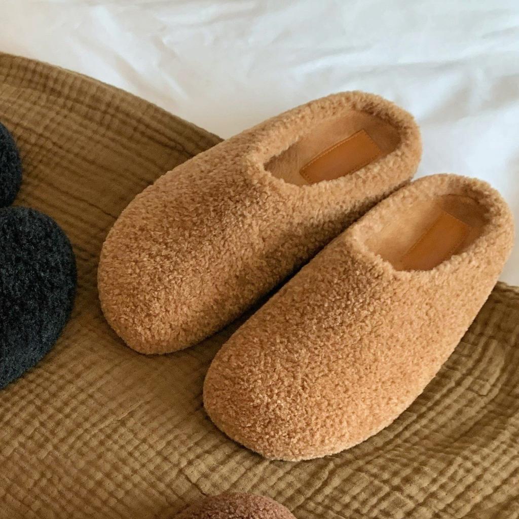 Wool Version~ Baotou One-pedal Thermal Cotton Shoes with Plush and Fluffy Half Slippers, Women Wear Genuine Leather Fluffy Shoes