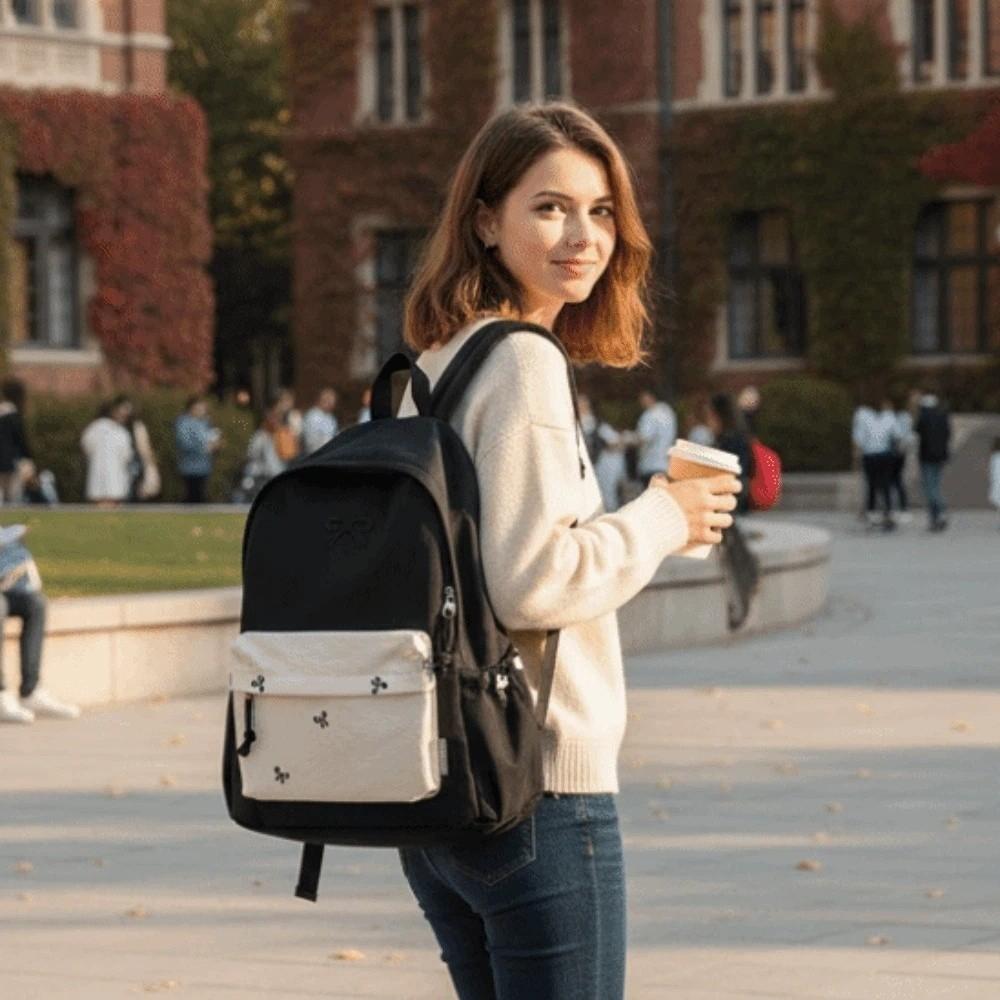Mochila de lona con lazo Mochila casual bordada para estudiantes Bolso escolar Mochila deportiva de poliéster de color contrastante de gran capacidad