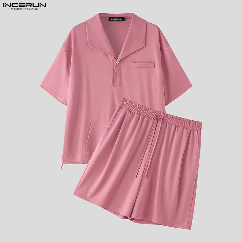 INCERUN Two Piece Suit Men Lapel Neck Short Sleeve T-Shirts Shorts Casual Sports Outfits Sets