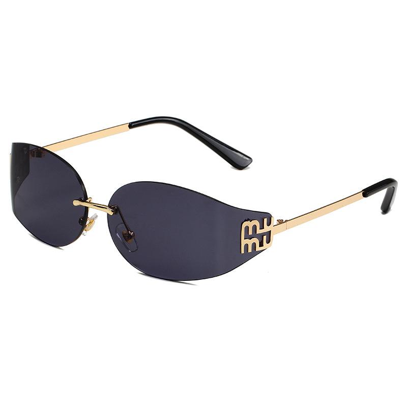Rimless Oval Sunglasses Women UV400 Oversized Gradient Black Lenses Metal Frame Punk Goggles Female