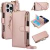 Etui Portfel Skórzany z Miejscami na Karty i Zamkiem Błyskawicznym Etui Klapka na Telefon dla IPhone 17 16 15 14 13 12 11 Pro Max Plus Promax 16e Pierścień Smycz Portmonetka