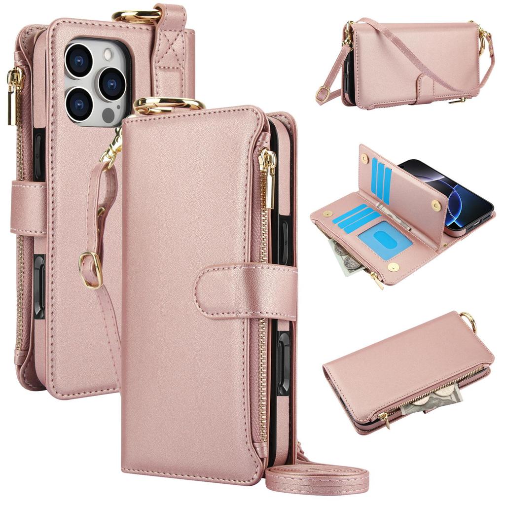 Etui Portfel Skórzany z Miejscami na Karty i Zamkiem Błyskawicznym Etui Klapka na Telefon dla IPhone 17 16 15 14 13 12 11 Pro Max Plus Promax 16e Pierścień Smycz Portmonetka