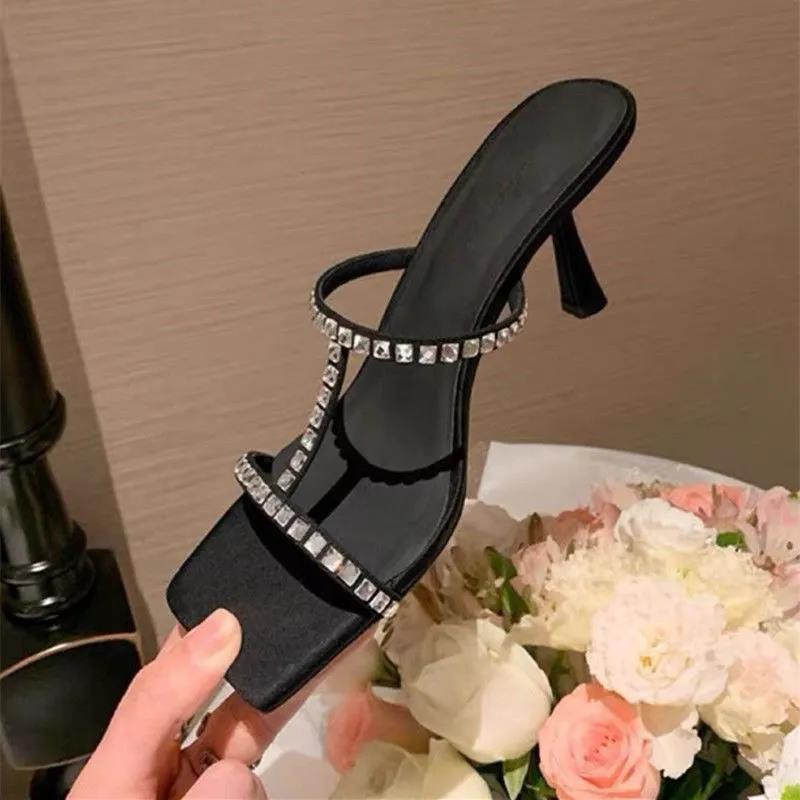 New high heels slippers women wear 2025 spring and summer Internet celebrities ins the same rhinestone slippers