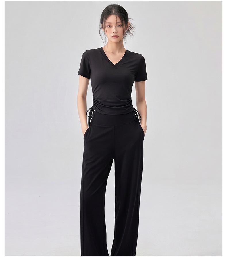Women's Slim-Fit V-Neck Drawstring Top: Fashionable, Versatile, Soft Texture, Short-Sleeved T-Shirt, Complements All Skin Tones.
