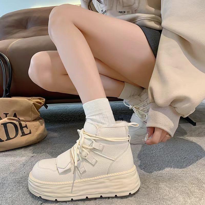 Fashion Leather Platform Lace-up Women's Snow Boots Sale Plush Warm Ladies Shoes Comfortable and Elegant Goth Lamb High Quality Booties
