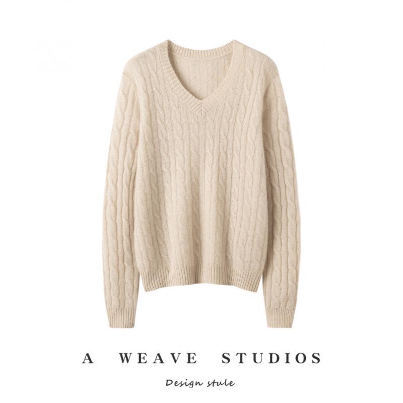 Women's 100% Pure Cashmere V-Neck Cable Knit Sweater - Bright Silk, Loose Fit, Long Sleeve