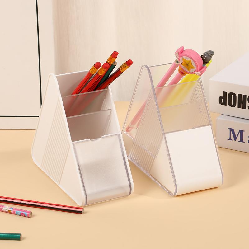 Plastic Slanted Pen Holder Multi Compartments Clear Slots Durable Desk Organizer for Home Office School Student Stationery Storage