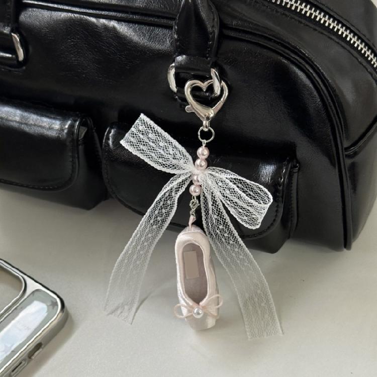 Ballet Shoe Keychain Featuring Lace Bowknot And Pearls Detail For Fashion Forward Individuals And Dance Fan