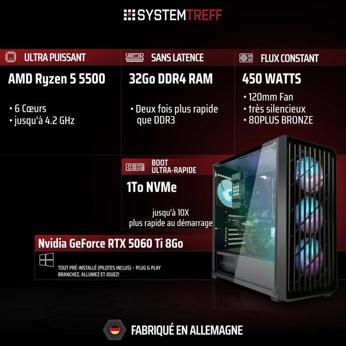 PC Gamer - AMD Ryzen 5 5500 - Nvidia GeForce RTX 5060 Ti 8Go - 32Go RAM - 1To M.2 NVMe- Windows 11 -808