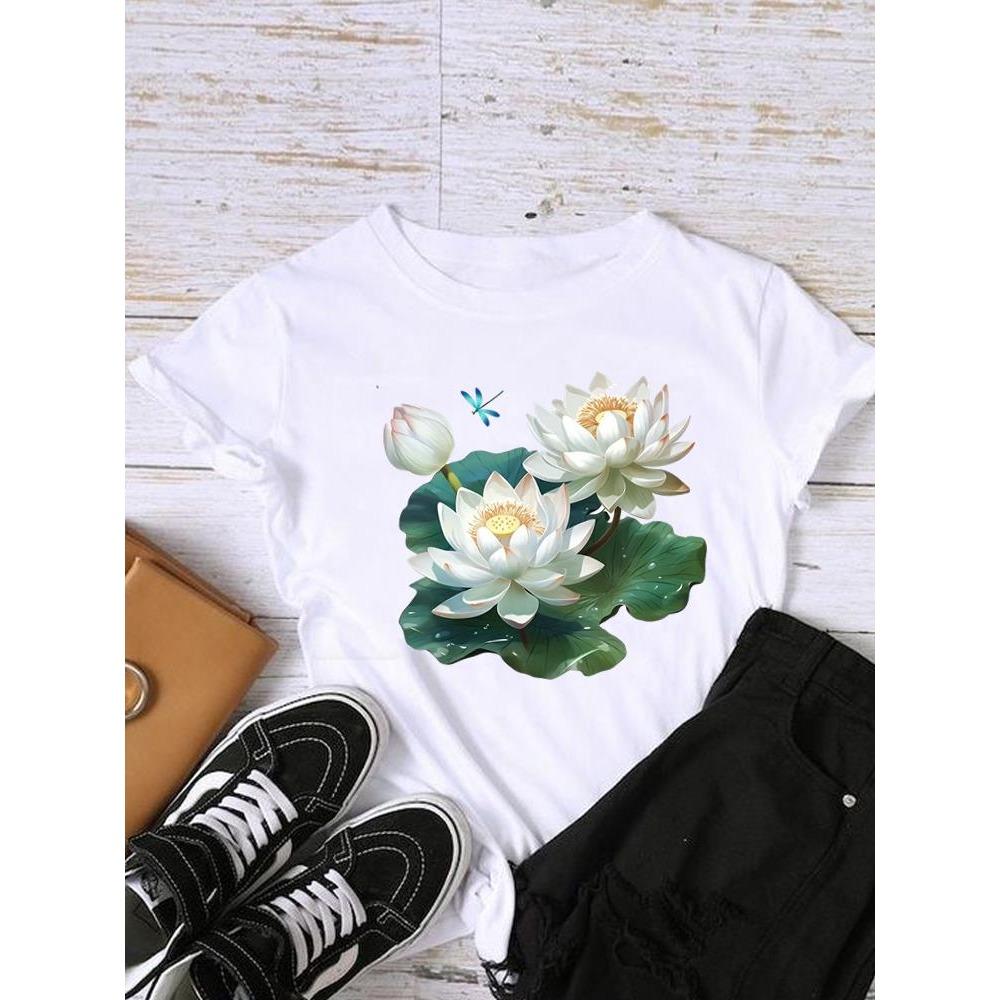 Style Flower Trend Clothing Graphic T-shirts Lady Short Sleeve T Shirt Women Print Female Fashion Clothes Casual Tee