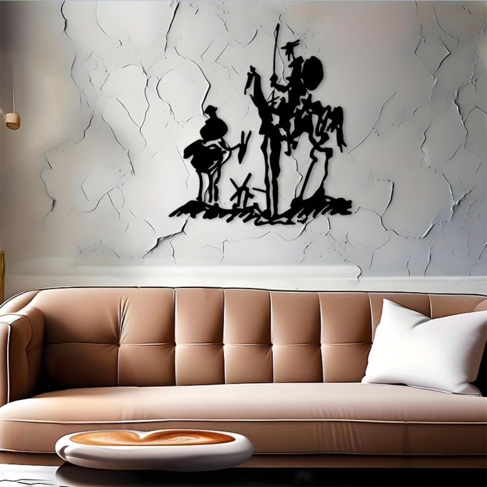 1 Stück 2D Flach Don Quijote Sancho Pansa Metall Wandkunst Schwarze Silhouette Dekorative Plakette für Wohnzimmer Arbeitszimmer Flur