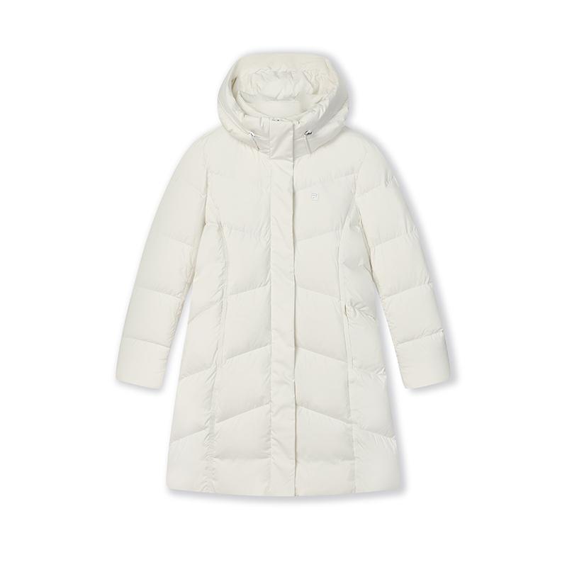 FILA Lifestyle White Mid-Length Warm Solid Color Hooded Long Sleeve Down Jacket Women Outerwear Fog-Lotus-White F11W443903FIV