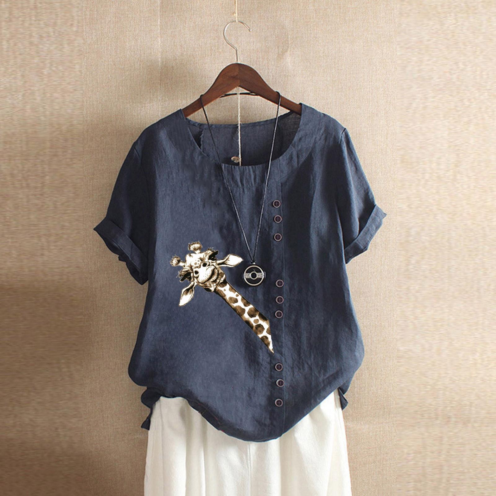 

Модная женская повседневная футболка с коротким рукавом и цветочным принтом из хлопка и льна с вышивкой Топ XXL тёмно-синий