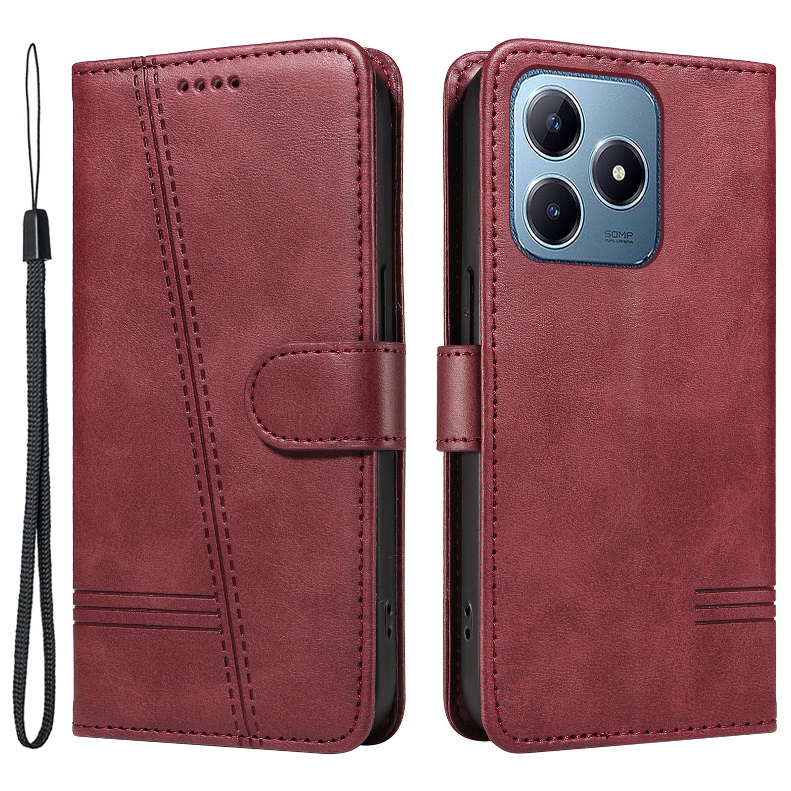 

For Realme Note 60x 4G/C63 4G/C61 4G Case Wallet Imprinted Line PU Leather Flip Phone Cover with Wrist Strap Wine Red