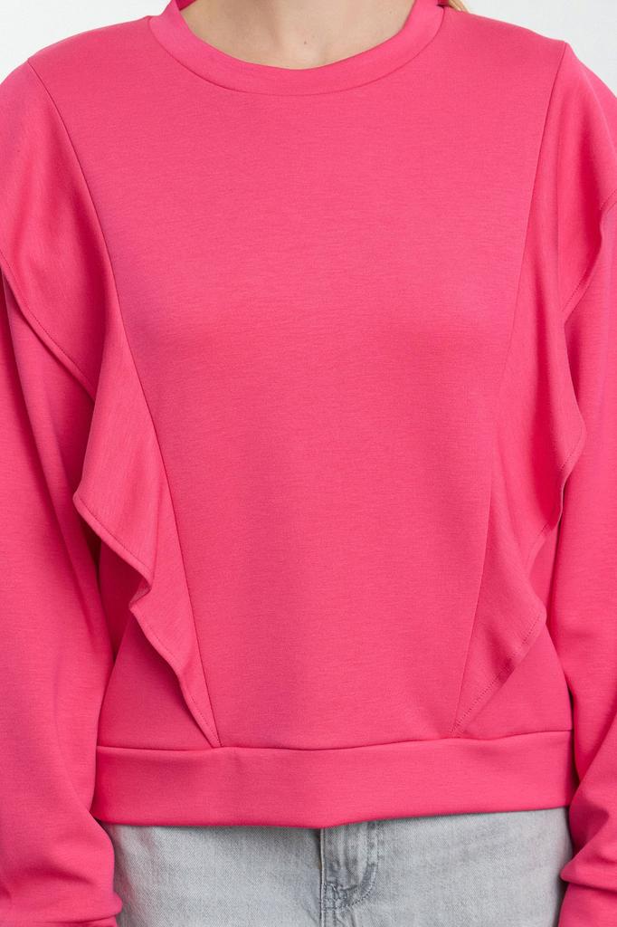 Women's Fashionable Stylish Sweatshirt Fuchsia Ruffle Detailed Relaxed Comfortable Pattern Knitted Sweatshirt