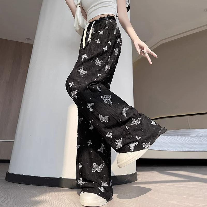 

2025 Women s Summer High Waist Ripped Butterfly Wide-Leg Pants - Petite, Straight-Leg Casual Style XS (60-79 lbs)