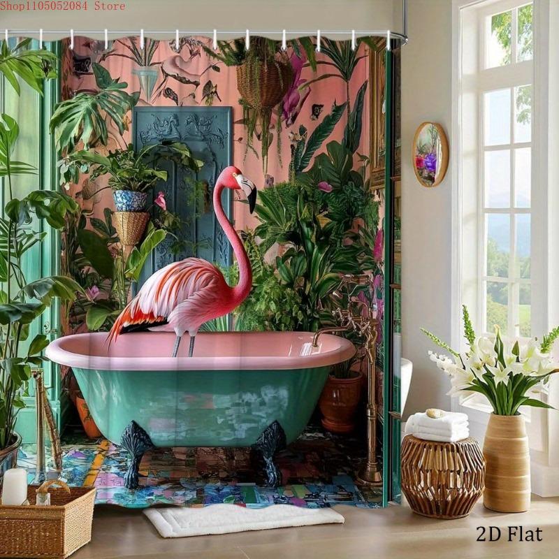 1Pc Flamingo Bathtub Shower Curtain Mint Green Clawfoot Tub - With Hooks Waterproof Mildew Proof Easy Install Washable