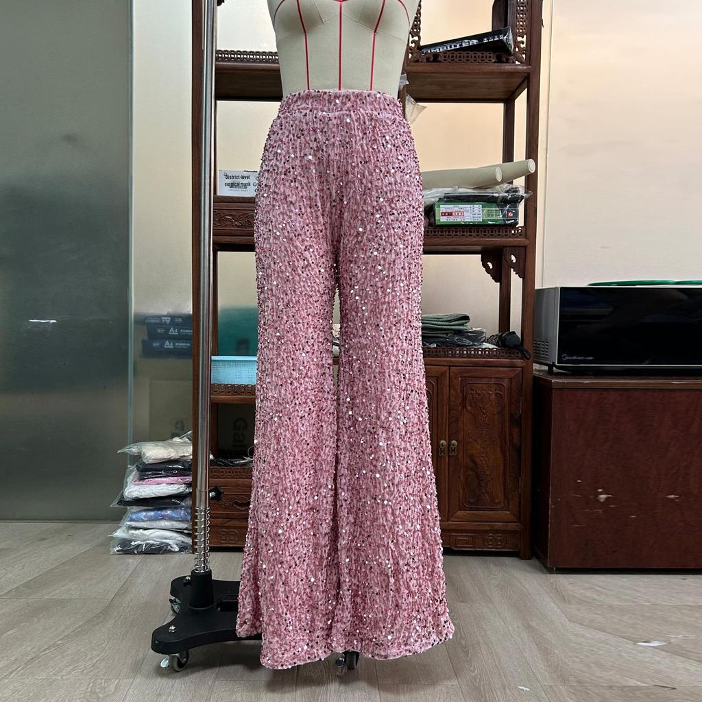 Women's Summer High Waist Sequined Wide Leg Pants - Slimming Solid Color Fashion