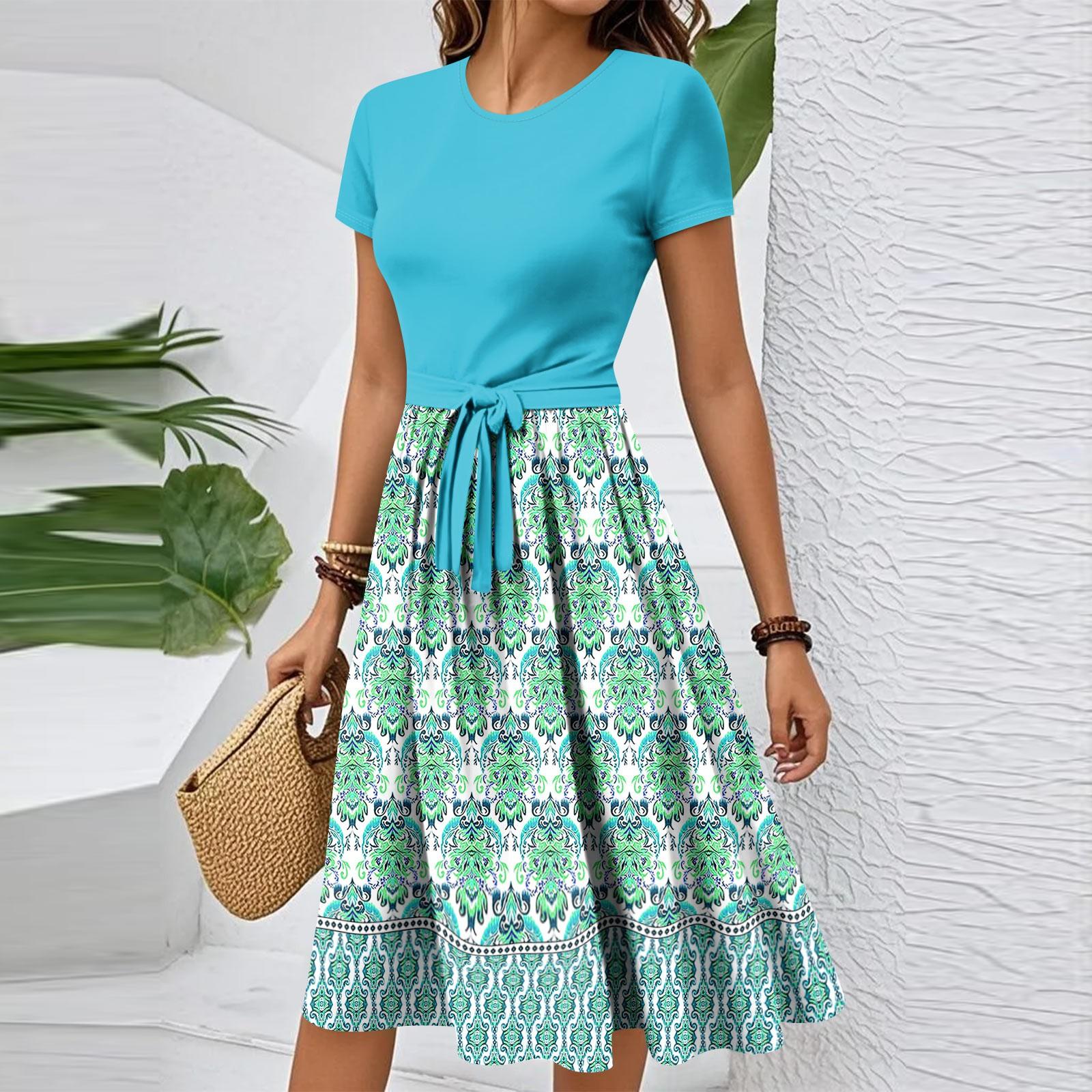 

Женское повседневное модное элегантное платье с поясом и винтажным принтом с коротким рукавом и круглым вырезом S