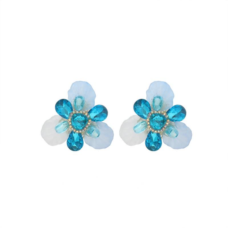 2026 Floral Earrings Women Handwoven Multi-Layer Petal Design With Full Rhinestone Accents Sterling Post Blue