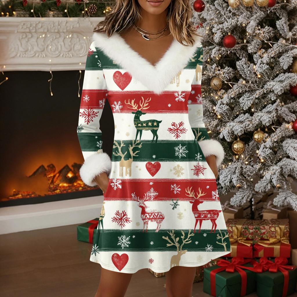 Womens Long Sleeve Pullover Dress Casual V Neck Knee Length Dresses With Pockets