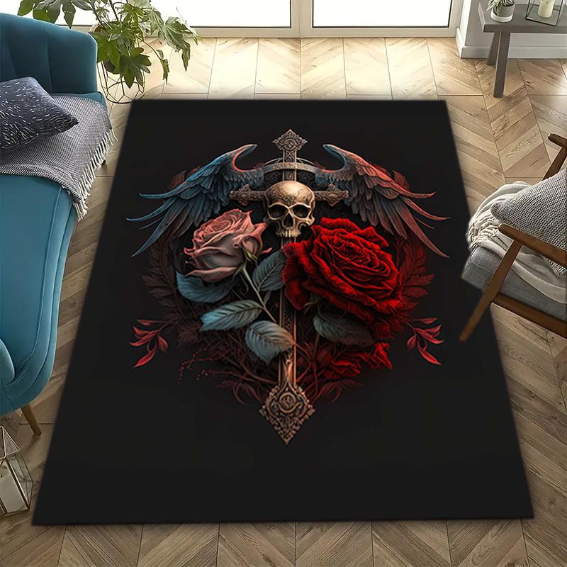 1PC Skull Dark Gothic Pattern Printed Carpet Rug for Living Room Bedroom Home Sofa Decoration,Non-slip Floor Mat Floor Mat