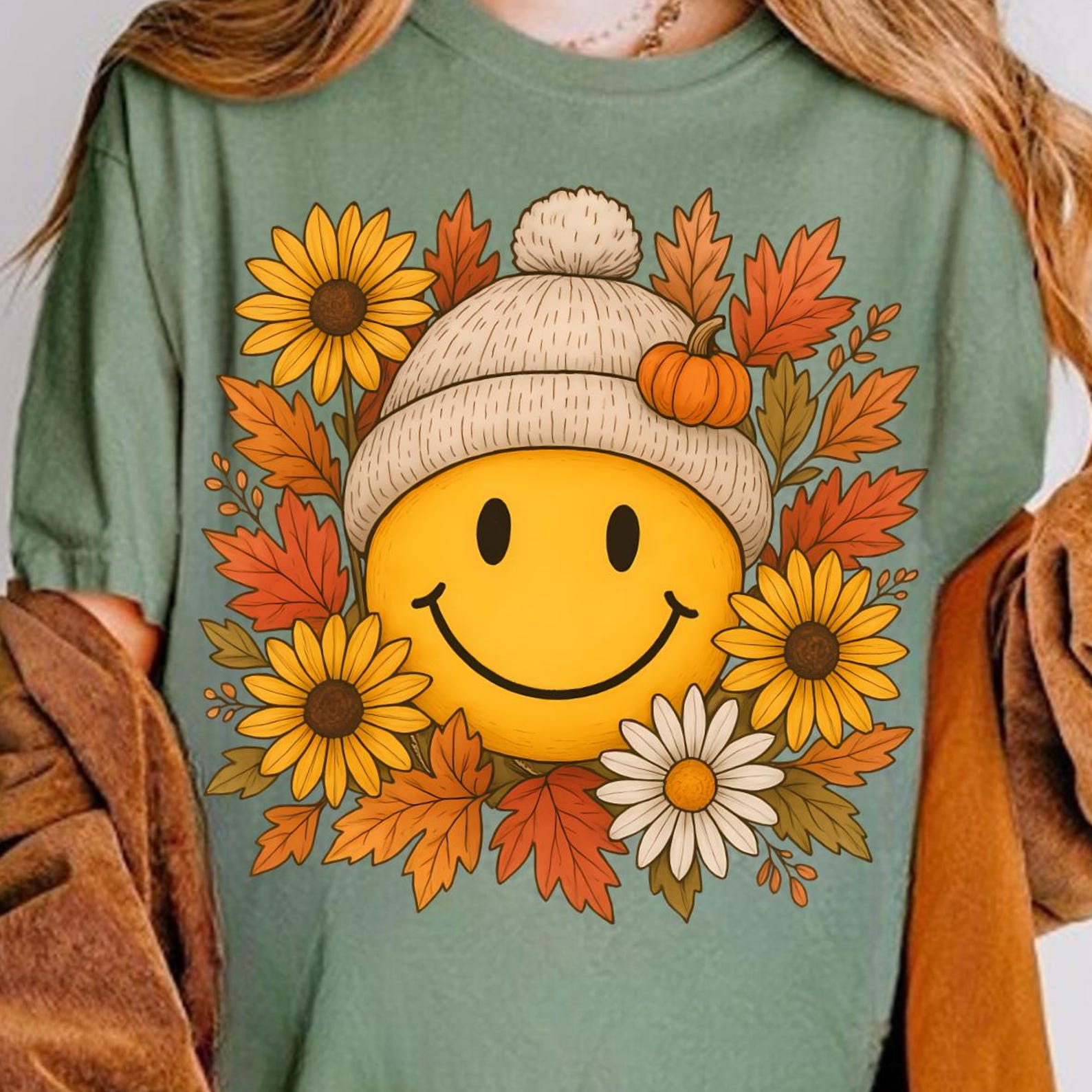 Boho Fall Smiley Face Shirt, Autumn Flowers Cozy Tee, Floral Happy Face Thanksgiving Shirt, Autumn Pumpkin Tee, Boho Fall Shirt 4XL