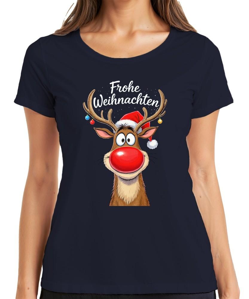 Merry Christmas Reindeer Rudolph Red Nose Santa Hat Cute Ladies TShirt S
