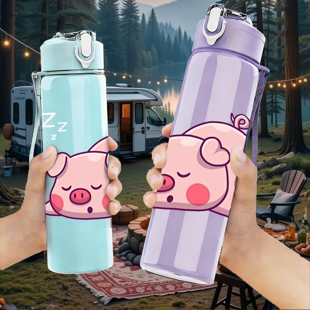 1PC Sleep Pink Pig Simple Cartoon Print 750ml Color Plastic Sports Water Bottle Leakproof Flip Straw Lid Suitable for Sports Office Home Use