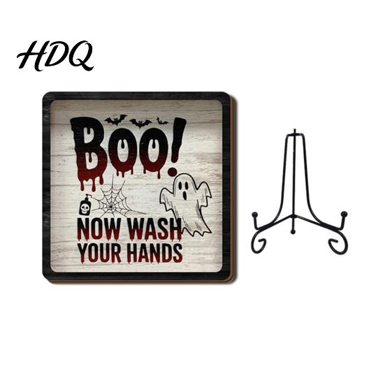 Bathroom Countertop Ornament Halloween Wooden Table Sign, Cute Spooky Ghost Plaque with Autumn Home Decorations Metal Stand for Kitchen Shelf