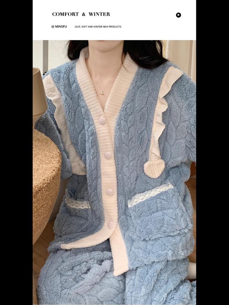Women's Coral Fleece Pajamas - Warm, Thick, & Sweet Flannel for Fall/Winter, Wear Indoors/Outdoors