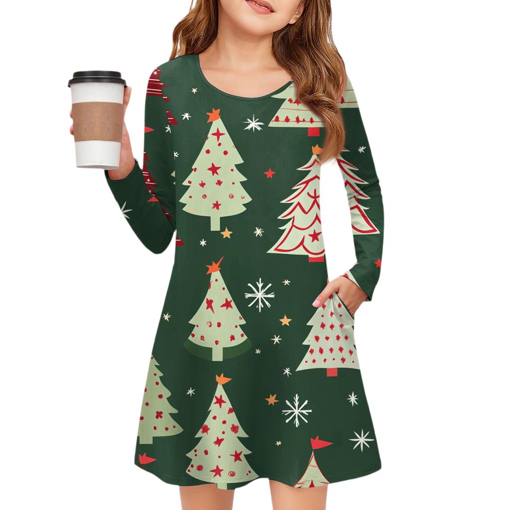 Christmas Day Girls' Long Sleeve Dress - Color Pocket Dress