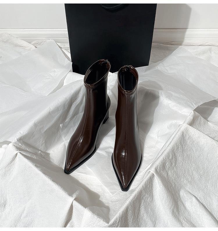 Brown pointed thin boots new versatile French velvet elastic high-heeled short boots thick-heeled ankle boots