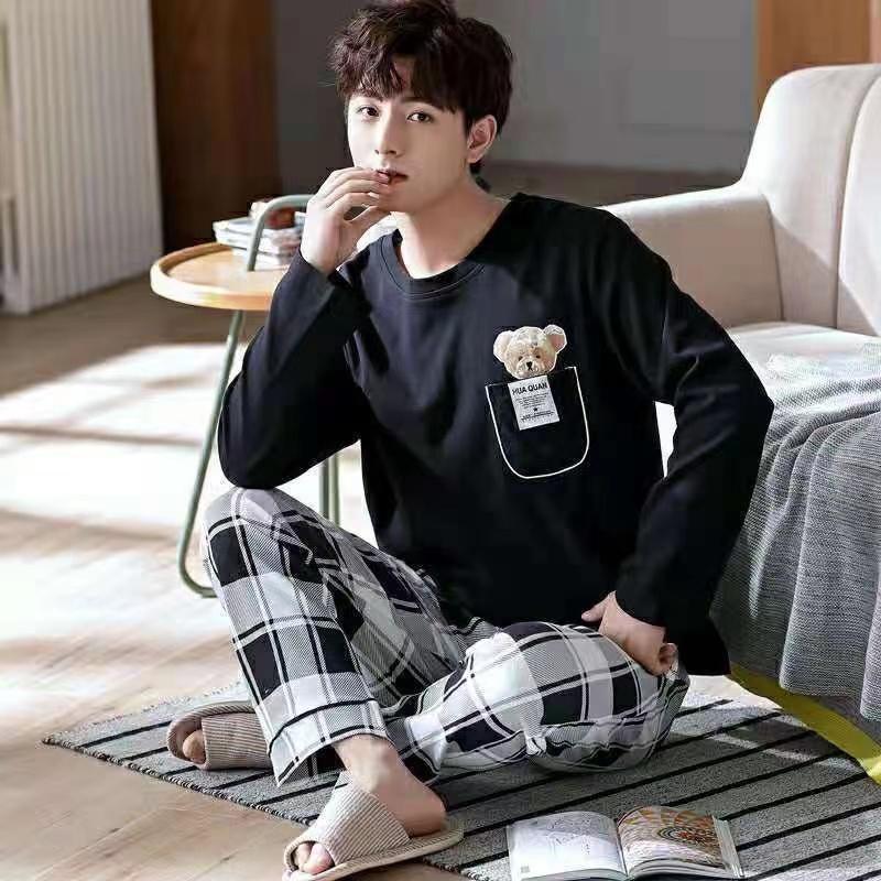 Spring Cotton Men's Pijamas Set Plus Home Clothes Male Nightwear 2Pcs/Set Casual Loungewear Long Sleep Top & Pant