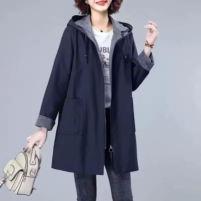 Lässige Jacke Windbreaker Damen Mittellang Frühling und Herbst Damen Tasche Locker Koreanische Version Kapuzenjacke Damen