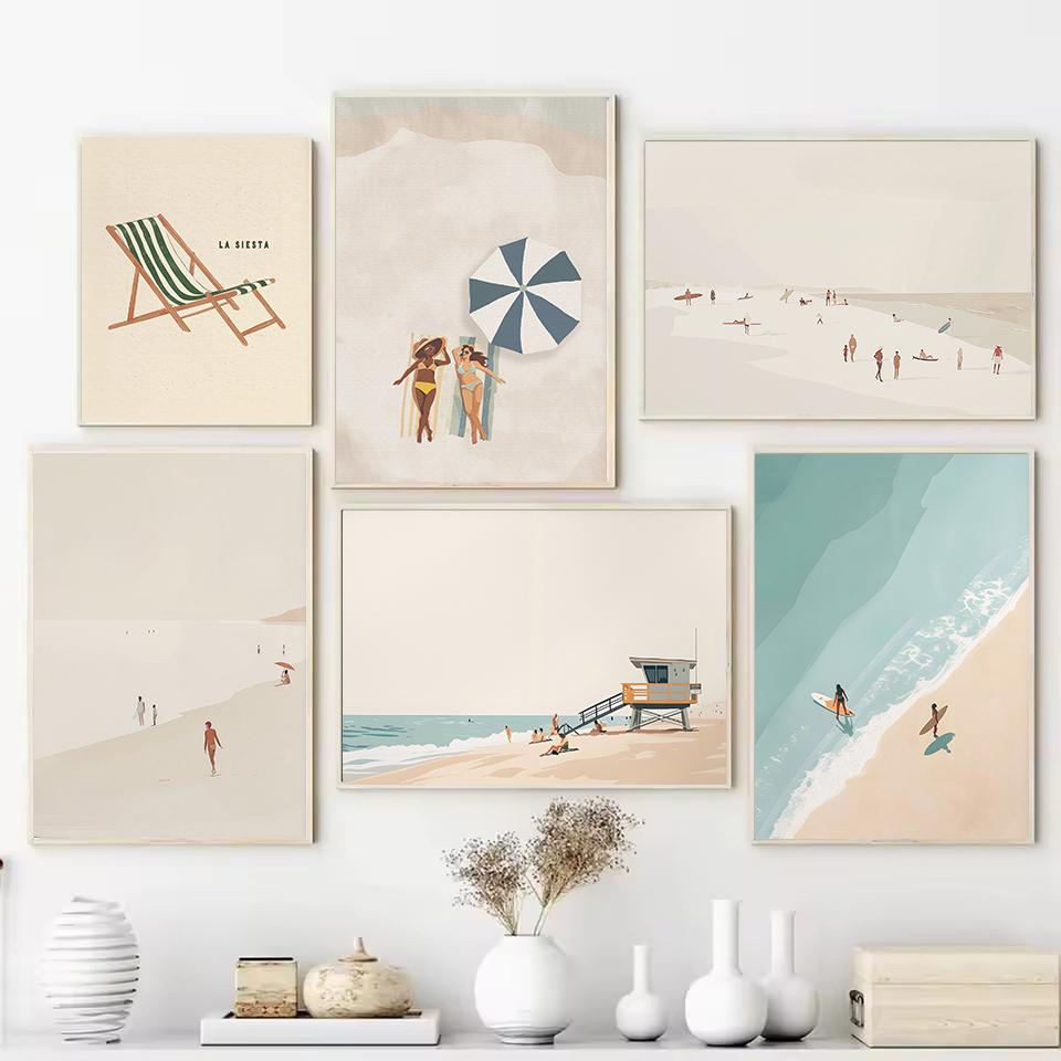 Retro Minimalist Beach Figure Swimming Surfing Poster Canvas Painting Wall Art Pictures Home Beach House Bathroom Decor
