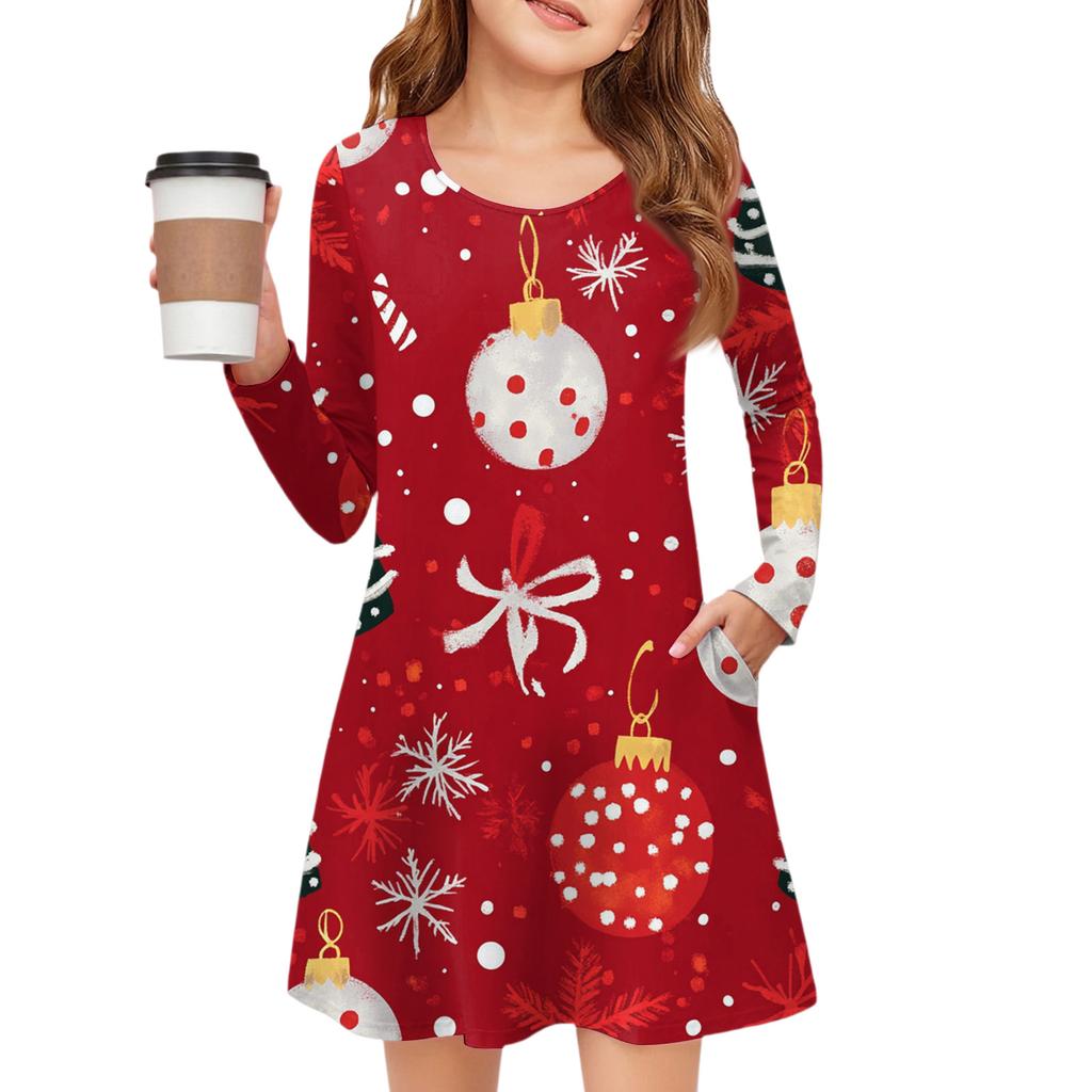 Christmas Day Girls' Long Sleeve Dress - Color Pocket Dress