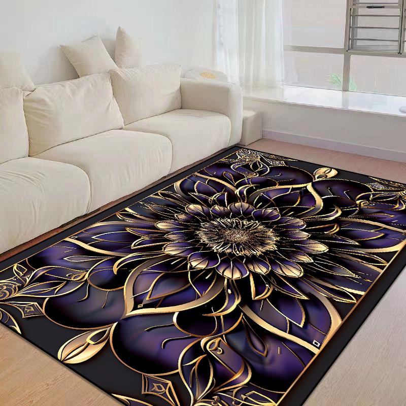 European Home Luxury Golden Flowers Living Room Decor Sofa Carpet Washable Rugs for Bedroom Black Gold Lounge Coffee Tables Mat